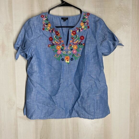Talbots denim chambray short sleeve‎ embroidered top blouse, size medium petite - Picture 13 of 16